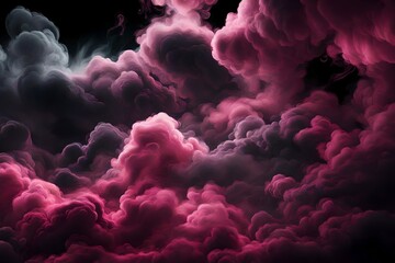 Generative AI illustration of magenta and pink fluffy pastel ink smoke cloud against black background   - obrazy, fototapety, plakaty