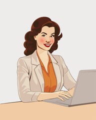 Comic-Style Retro Illustration: Cheerful Businesswoman Using Laptop