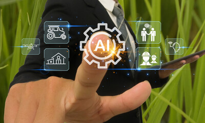 Digital technology, Data engineer using fingerprint biometrics technology in a server room to access data connecting with database and AI