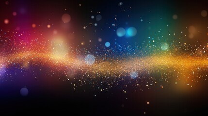 Abstract rainbow gold dust glitter on night background. advertisement. template. product presentation. copy text space.