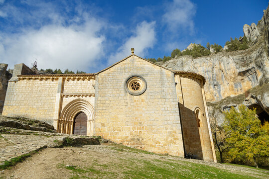 Photograph of the hermitage of the Rio Lobos canyon in Soria, Spain. Natural park with Templar church.