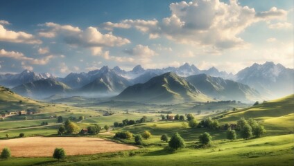 Fototapeta premium Vast green meadow with trees, mountains, and a cloudy sky 
