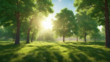 Tranquil dawn in a green forest with sunlight and trees
