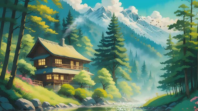 house in the forest with beautiful mountain and river. Cartoon or Japanese anime illustration painting style. seamless looping 4K virtual video animation background