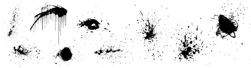 Ink splash vector background. Black paint blots on transparent background. Vector grunge textures. Isolated black ink spots, punk style splashes, splatter. Dirty splat drops. Punk spray drip texture