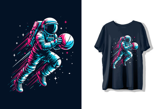 Astronaut playing basketball design for t-shirt prints or t shirt label illustration