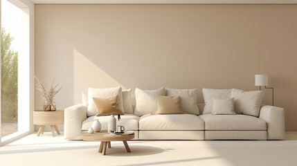 modern living room interior with beige couch. modern minimalist contemporary design of apartment 