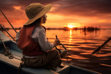 Fototapeta premium Seashore Contemplation- A Young Fisherman at Dusk