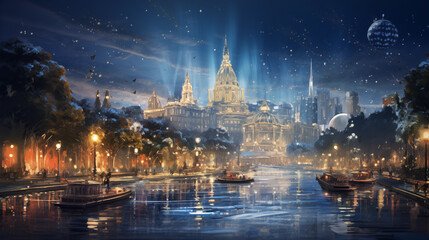 Naklejka premium 大都市のクリスマスイルミネーションの風景