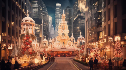 大都市のクリスマスイルミネーションの風景