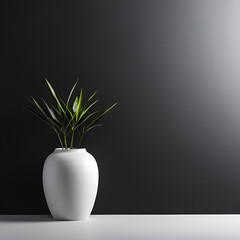 white vase with plant on black table top white wall on background Ai generative