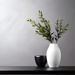 white vase with plant on black table top white wall on background Ai generative