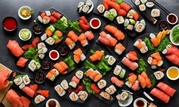 A variety of Japanese sushi with tuna, crab, salmon, eel and rolls