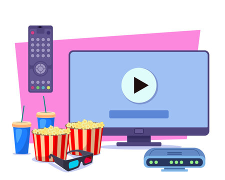 Huge TV set, home theater system, remote control, popcorn, drinks vector illustration. Movie night essentials. Hobby, free time, spending time at home concept