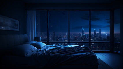 A simple but cozy hotel bedroom with a blue night view of the city around midnight.