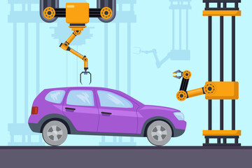 Using robotic arms in automotive manufacture vector illustration. Car on production line. Modern technology for industrial purposes. Robotics concept