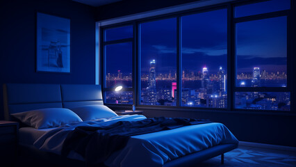 A simple but cozy hotel bedroom with a blue night view of the city around midnight.