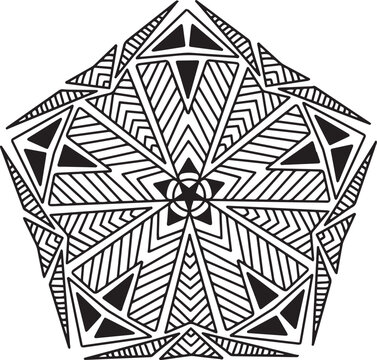 Black and white drawing of a mandala with intricate geometric patterns