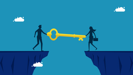 Secret tips for success. Two businessmen build a key bridge to connect cliffs. vector - obrazy, fototapety, plakaty