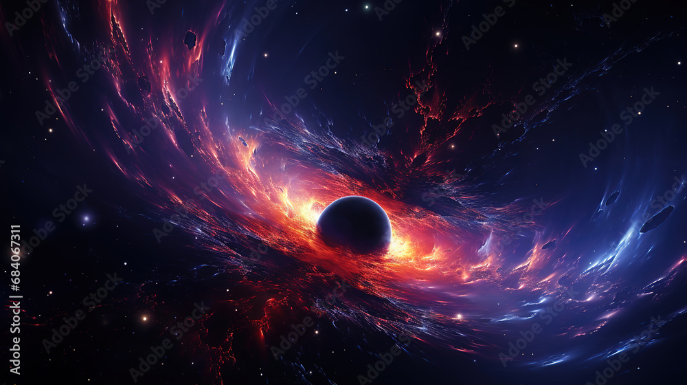 Wall mural abstract black hole system over star field with event horizon, gravity singularity. generative ai