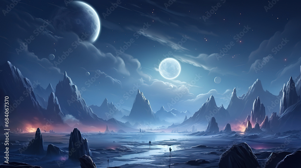 Wall mural night fantasy mars ground surface with falling meteor or comet in sky. generative ai