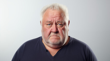 Close-Up Photo of a Senior Plus-Size Man Against a White Background, Expressing Fatigue and Weariness through a Tired Gaze