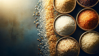 Several varieties of rice being placed side by side with individual heaps - Generative AI