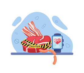 Meat, bacon, sausage with caution tape vector illustration. Smart watch with pulse rate. Healthy food, harm of eating red meat concept