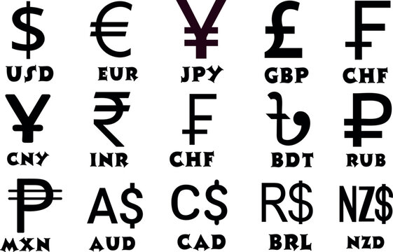 Currency Symbols Vector Illustration, showcasing global finance symbols including USD, EUR, JPY, BDT, and more. Ideal for business, international exchange, and finance-related designs.