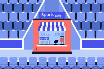 Concession stand at sports stadium vector illustration. Rows of seats on background. Sports event, cafe concept © Bro Vector