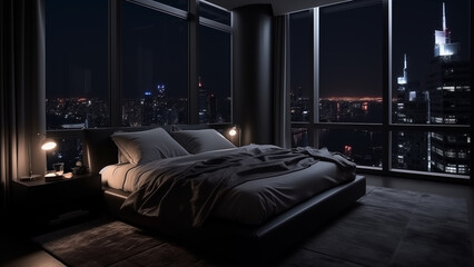 A high-rise hotel bedroom with a great night view of the city. The night view of the city fills the...
