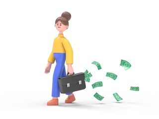 3D illustration of smiling Asian woman Angela with a full briefcase of money in hand and cash fly and fall behind. 3D rendering on white background.
