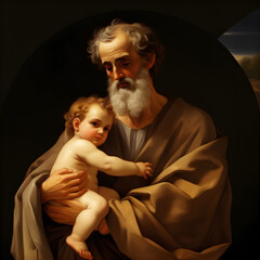 Saint Joseph hugging baby Jesus, Son of God, Christmas nativity scene - obrazy, fototapety, plakaty
