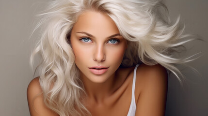Naklejka premium Portrait of a beautiful blonde girl with a short haircut. Gray background.