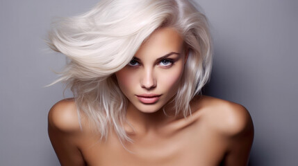 Fototapeta premium Portrait of a beautiful blonde girl with a short haircut. Gray background.