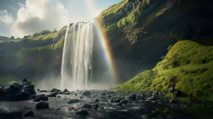 A rainbow over a waterfall. Generative Ai