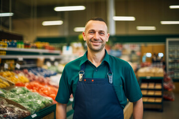 Portrait of the employee man in the supermarket or grocery background. - Powered by Adobe