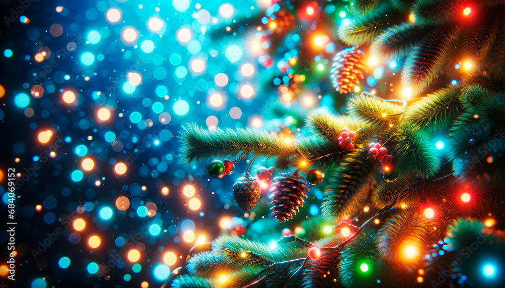 Poster vibrant christmas tree branches adorned with colorful lights against a bokeh background. holiday cel