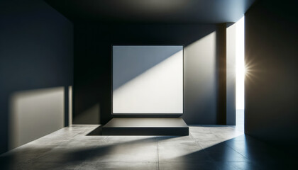 Sleek gallery interior showcasing a solitary framed canvas with dynamic lighting. Modern minimalism. Generative AI - obrazy, fototapety, plakaty