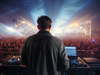 Fototapeta na wymiar DJ overlooking a vibrant night concert with illuminated stage. Generative AI
