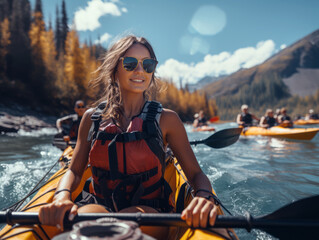 Joyful woman kayaking on a river with autumn foliage Generative AI - obrazy, fototapety, plakaty