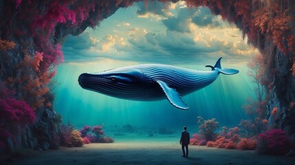 Whales swimming in the air with some coral reefs around it. Surrealism illustration  - obrazy, fototapety, plakaty