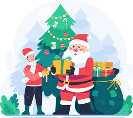 Santa Claus With a Sack Full of Gifts Giving a Christmas Gift to a Little Boy. Merry Christmas Concept Illustration