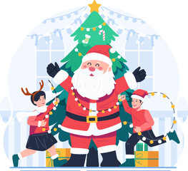 Merry Christmas Concept Illustration Featuring Two Joyful Children and Santa Claus With a Christmas Tree
