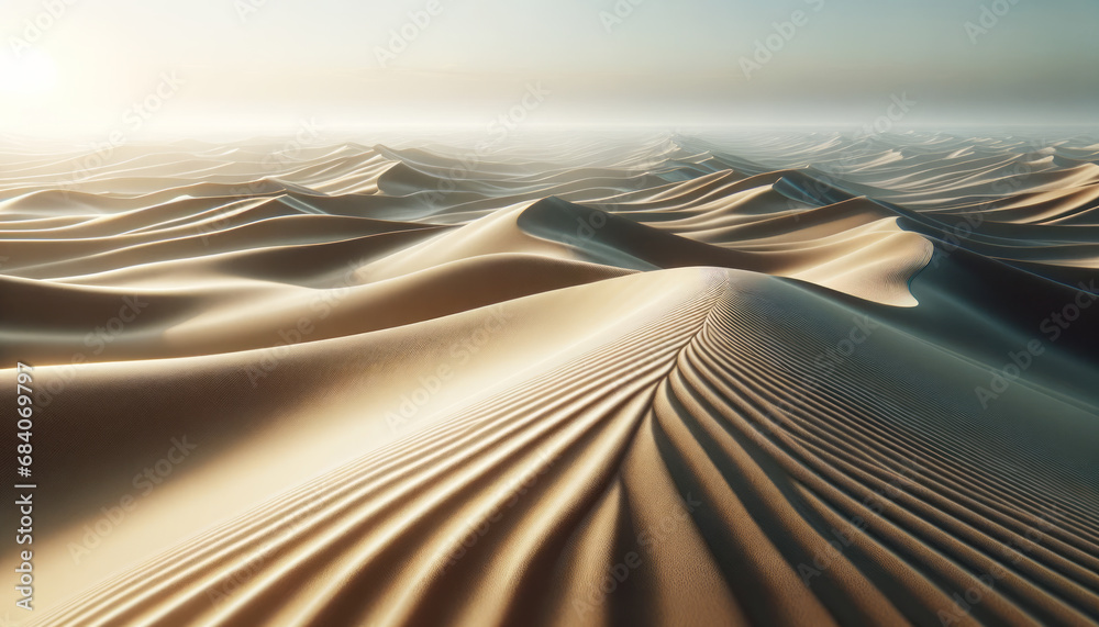 Aufkleber Gentle desert dunes in soft light, creating a harmonious sand wave pattern. Peacefulness concept. Generative AI