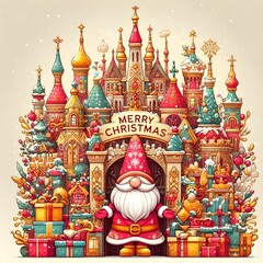 Fototapeta na wymiar Merry Christmas cute cartoon style in center of a castle. 