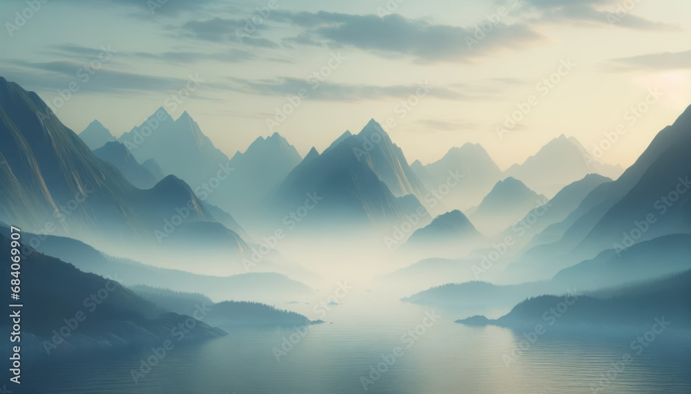 Poster serene dawn light washes over a foggy mountain range with lake vistas. a tranquil landscape backgrou