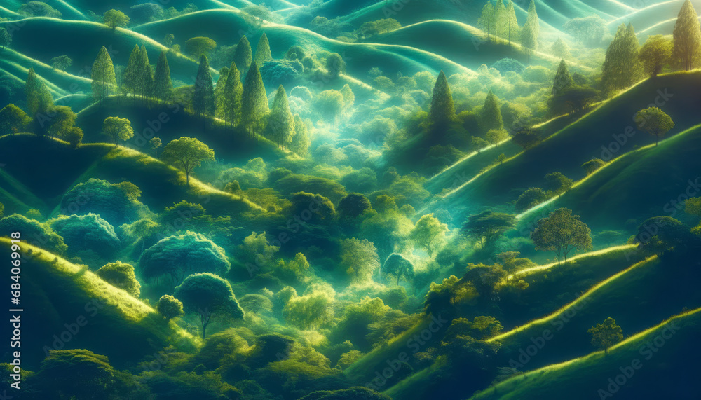 Poster Sunlight filtering through an ethereal forest landscape, creating a vibrant green background. Generative AI