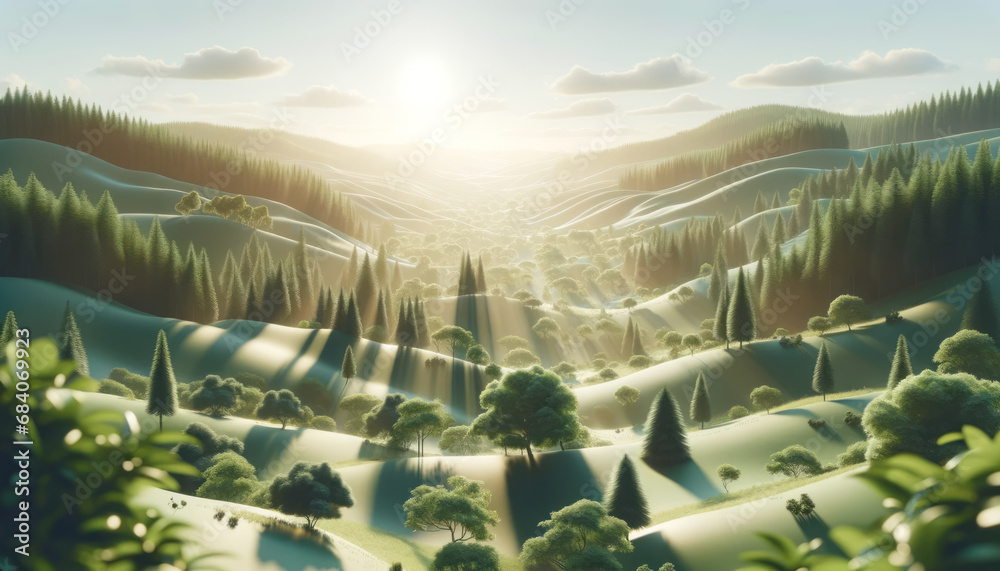 Poster radiant sunrise over a textured forest landscape creating a harmonious natural background. generativ