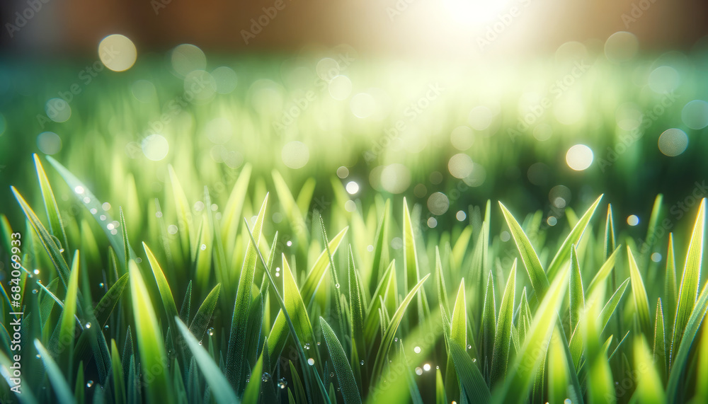 Aufkleber fresh morning dew on bright green grass with sunlight filtering through. generative ai